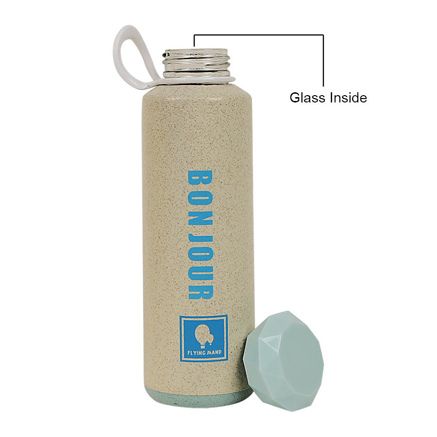 DP Glass Water Bottle With Plastic Outer - Blue Lid