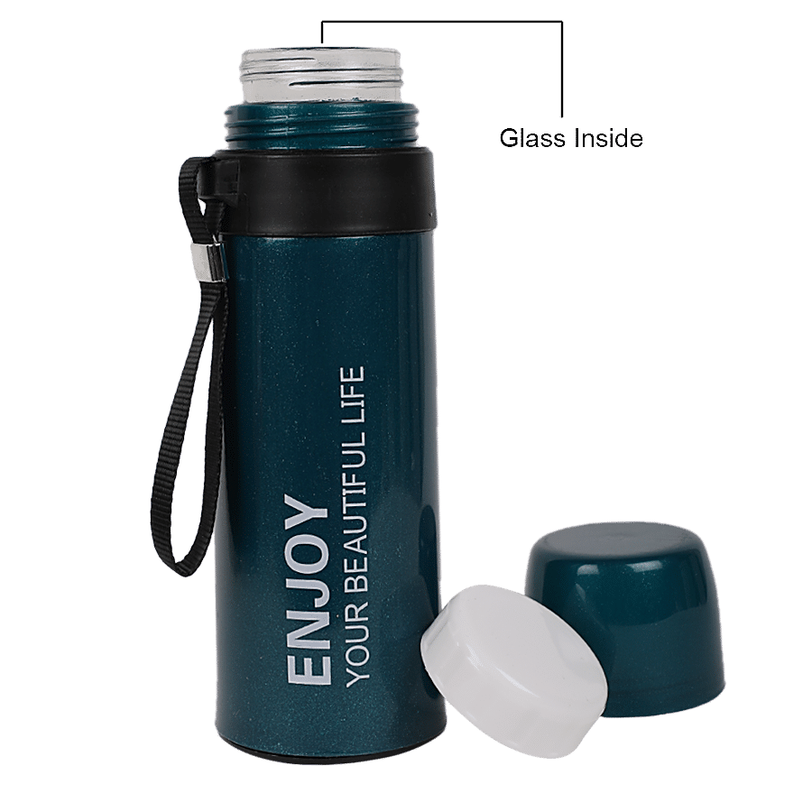 DP Glass Water Bottle With Printed Plastic Outer - Dark Green