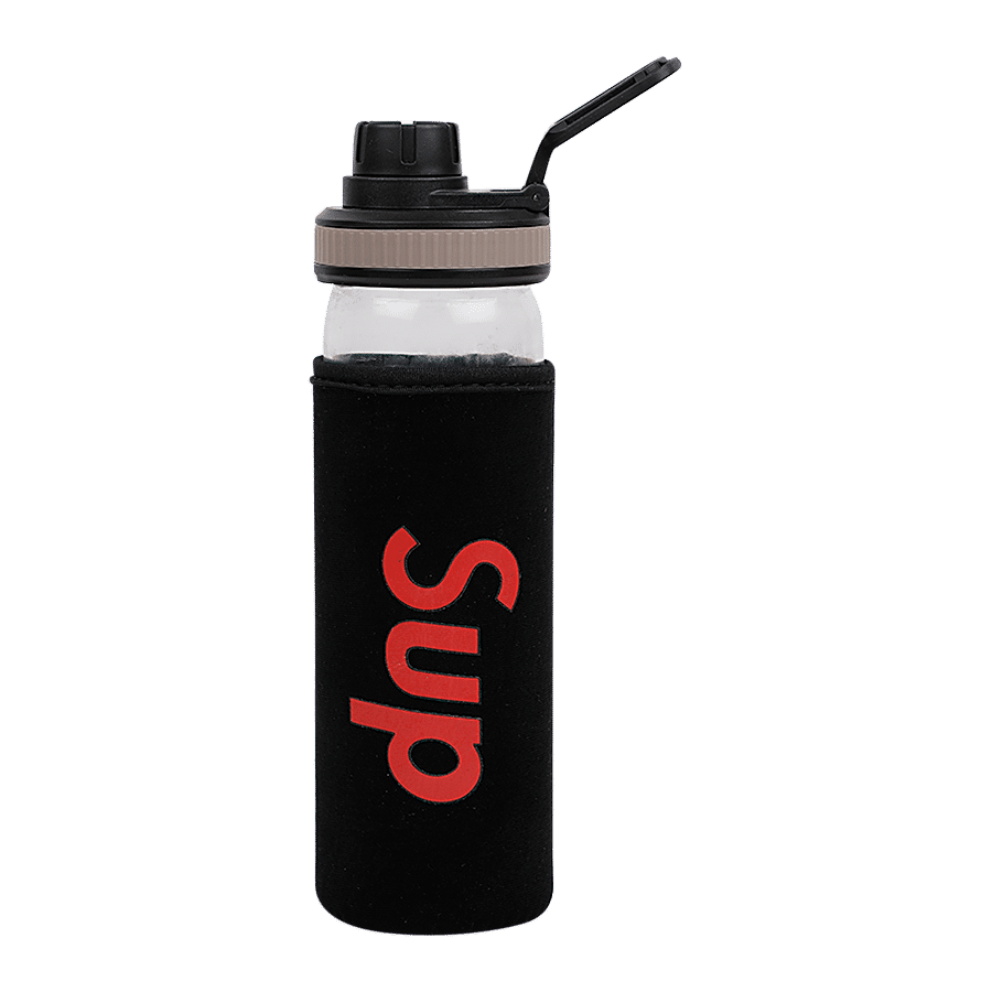 DP Glass Water Bottle With Removable Fabric Cover - Black