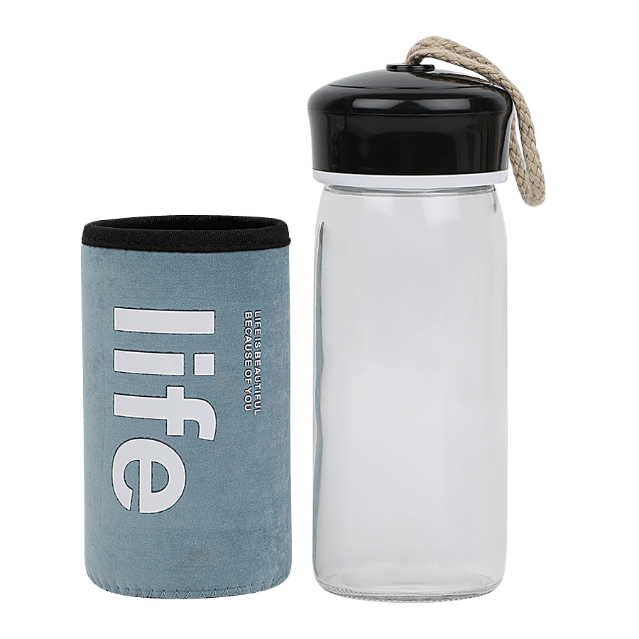 DP Glass Water Bottle With Removable Fabric Cover - Blue