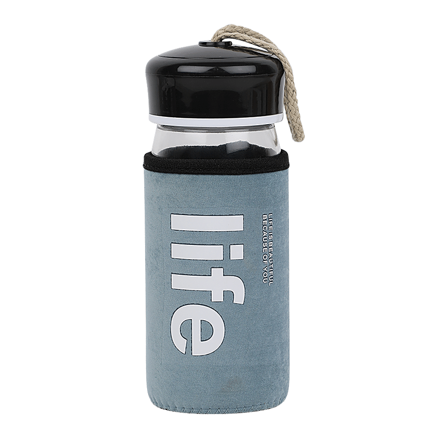 DP Glass Water Bottle With Removable Fabric Cover - Blue