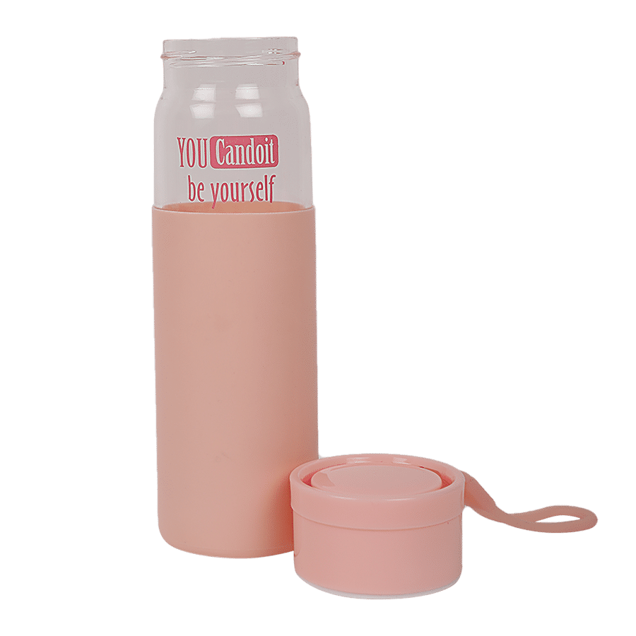 DP Glass Water Bottle With Silicon Covering - Pink