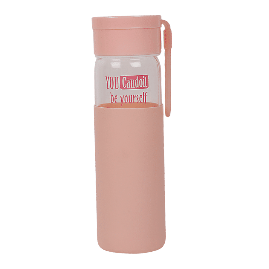 DP Glass Water Bottle With Silicon Covering - Pink