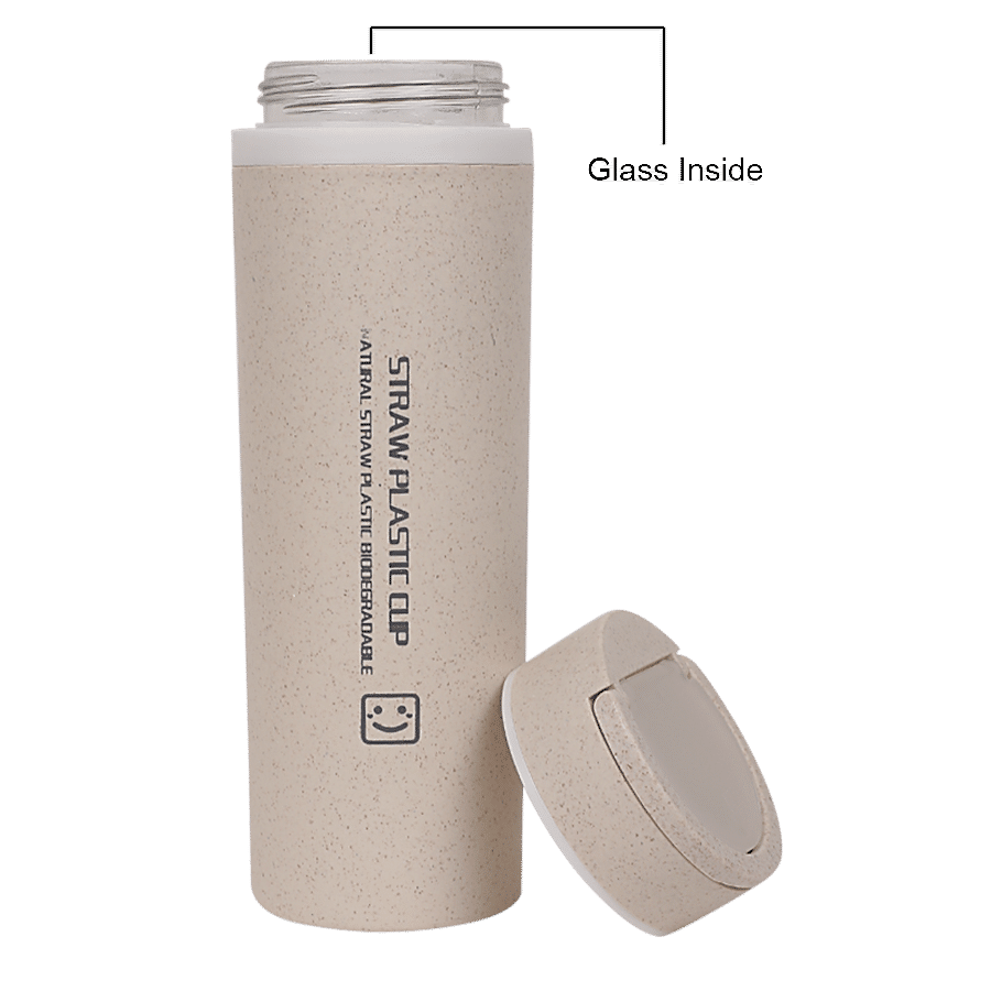 DP Glass Water Bottle With Straw Plastic Cover - Beige