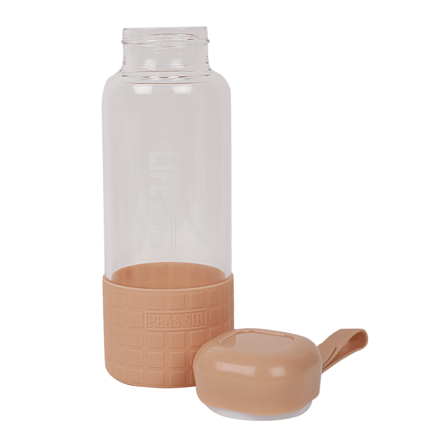 DP Printed Glass Water Bottle With Silicon Cover At Bottom - Beige