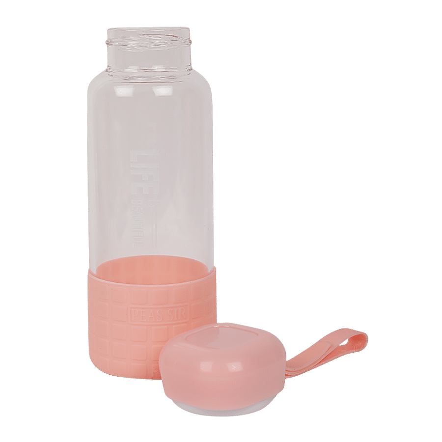 DP Printed Glass Water Bottle With Silicon Cover At Bottom - Pink