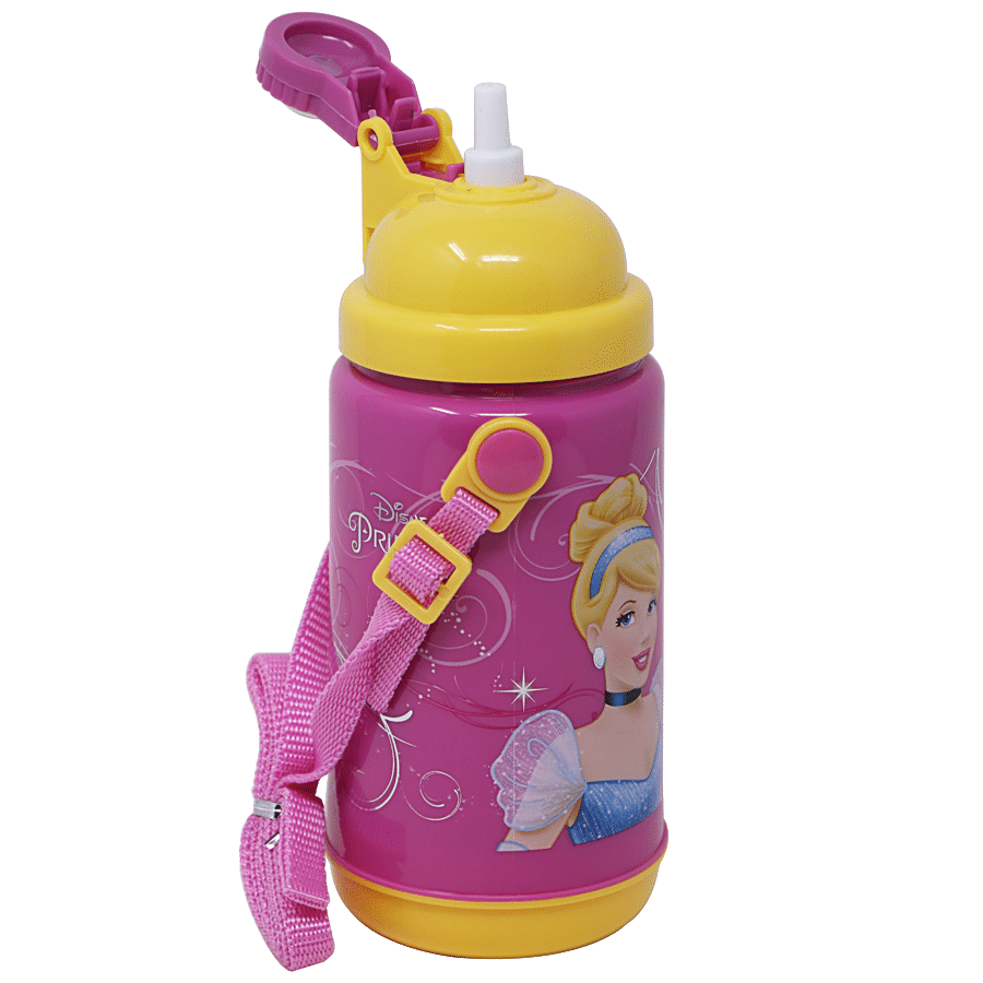 Hm International Disney Cinderella Princess Face Art Insulated Plastic Sipper Water Bottle With Steel Glass Inside