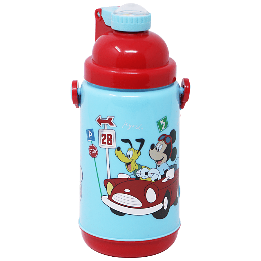 Hm International Disney Mickey Mouse Face Art Insulated Plastic Sipper Water Bottle With Steel Glass Inside