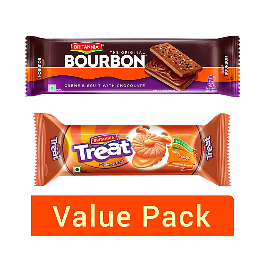 Britannia Bourbon Cream Biscuit - Chocolate Flavor 150gm + Treat Orange Biscuits 150gm