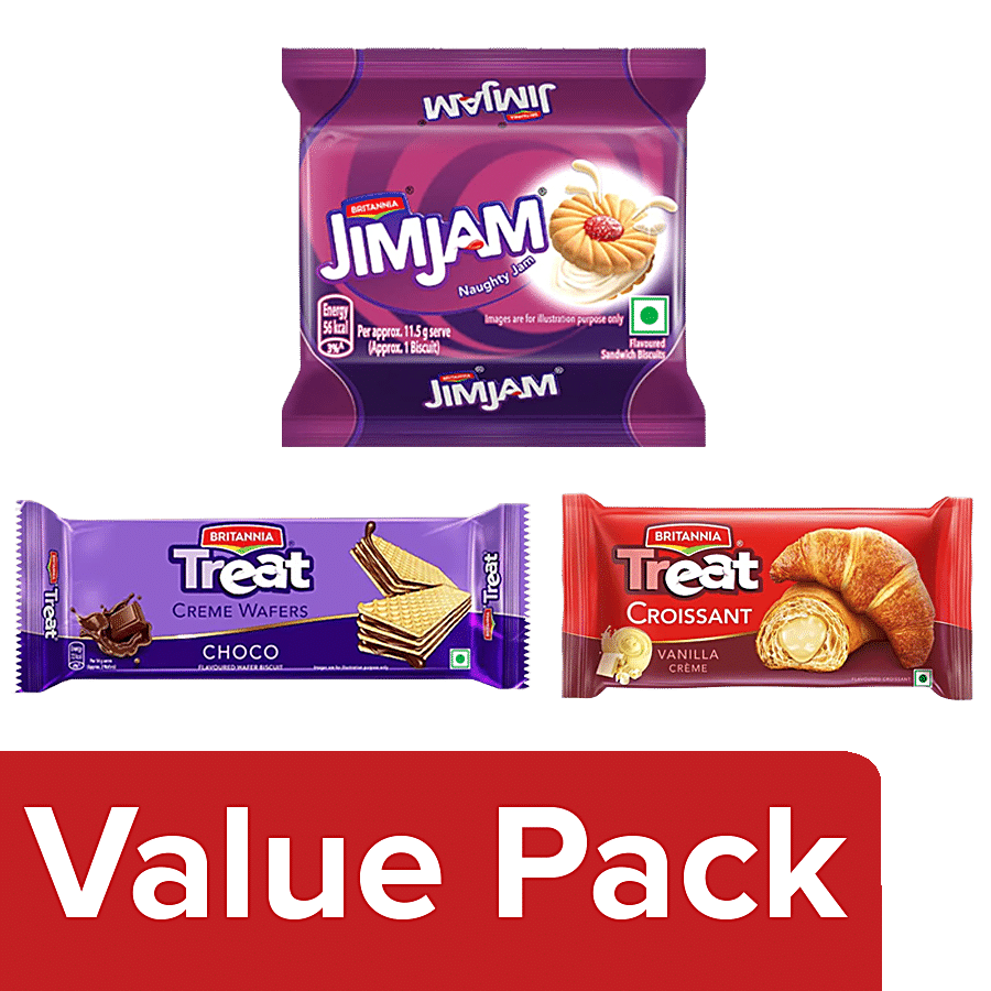 Britannia Treat Wafers Chocolate+100% Veg Vanilla Croissant+JimJam CreamBiscuit