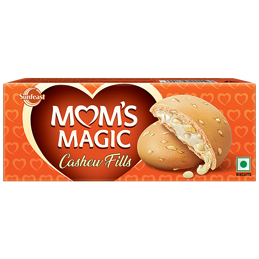 Sunfeast Moms Magic Cashew Fills Centre-Filled Cookies With Cashew & Molten Crème - Tea-Time Snack