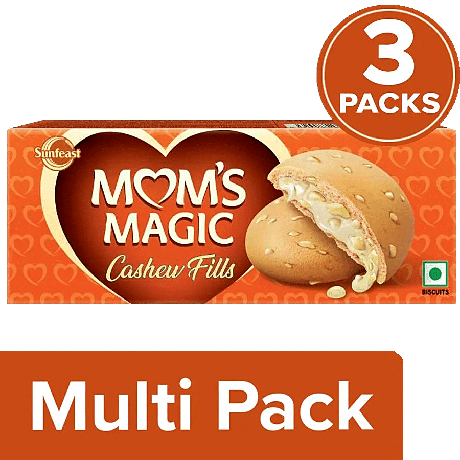 Sunfeast Moms Magic Cashew Fills Centre-Filled Cookies With Cashew & Molten Crème - Tea-Time Snack