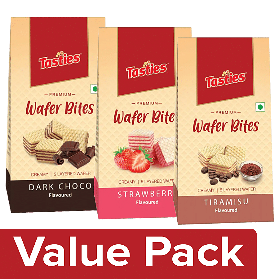 Tasties Premium Wafer Bites - Dark Choco 100 g +  Strawberry 100 g + Tiramisu 100 g