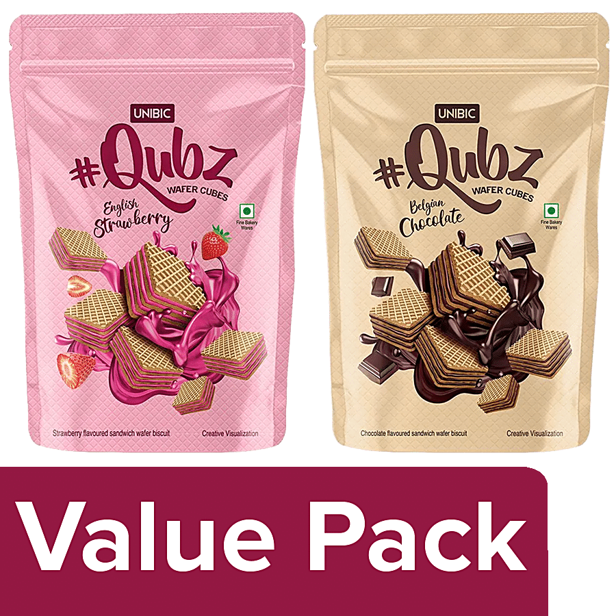 UNIBIC Qubz Wafer Cubes - English Strawberry + Belgian Chocolate Sandwich Biscuit