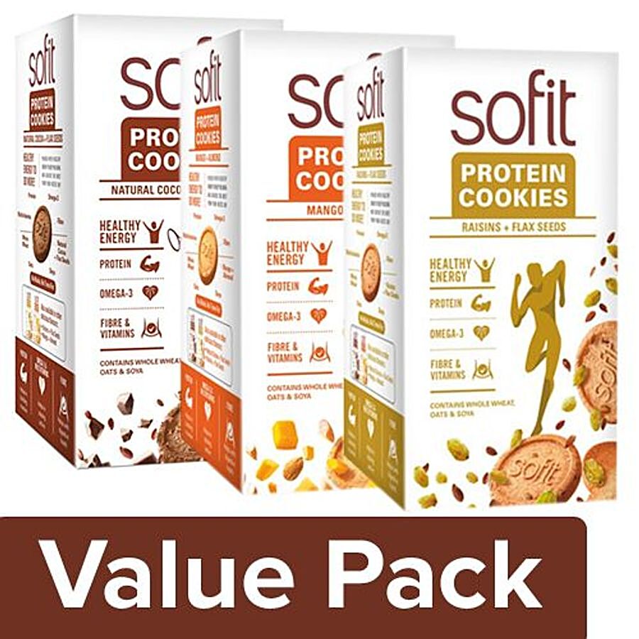 Sofit  Protein Cookies Natural Cocoa & Flaxseed+Mango & Almond+Raisin & Flaxseed (150G)