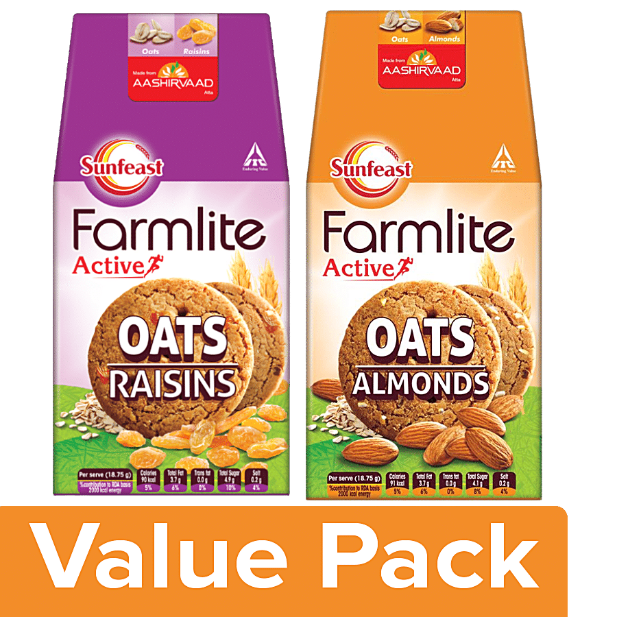 Sunfeast Farmlite Biscuit - Oats & Almonds 150g + Farmlite Biscuit - Oats & Raisins 150g