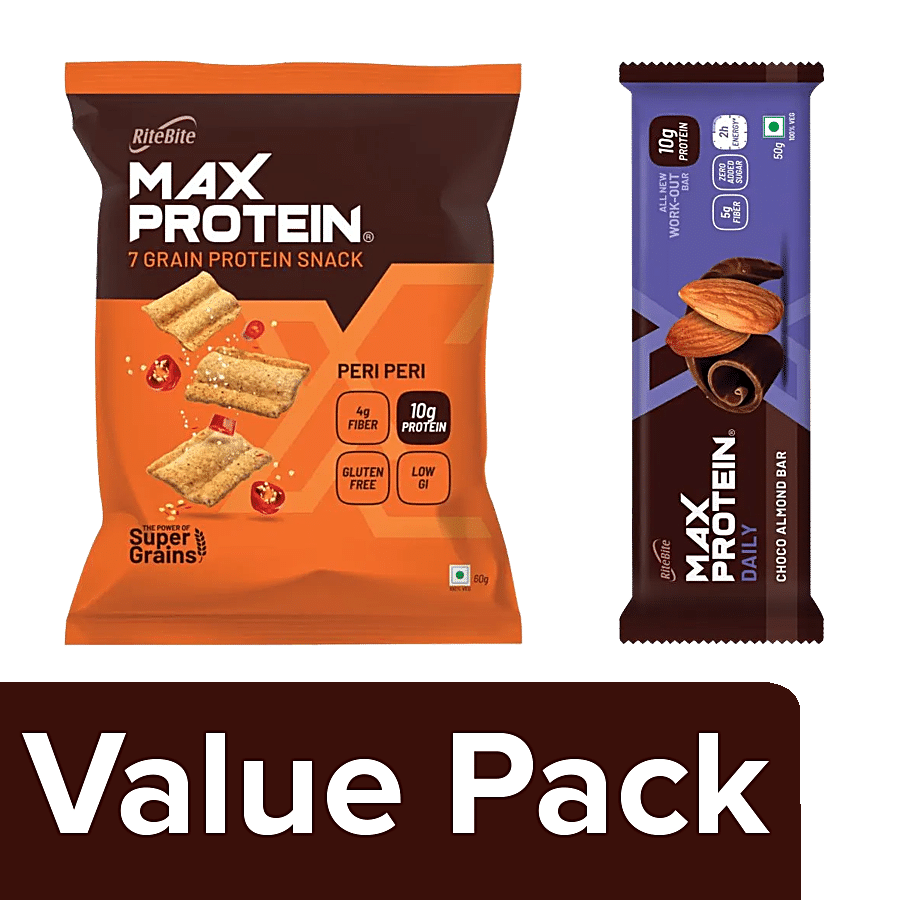 RiteBite Max Protein Daily Choco Almond Bar + Peri Peri Chips - 7 Grains Healthy Snacks