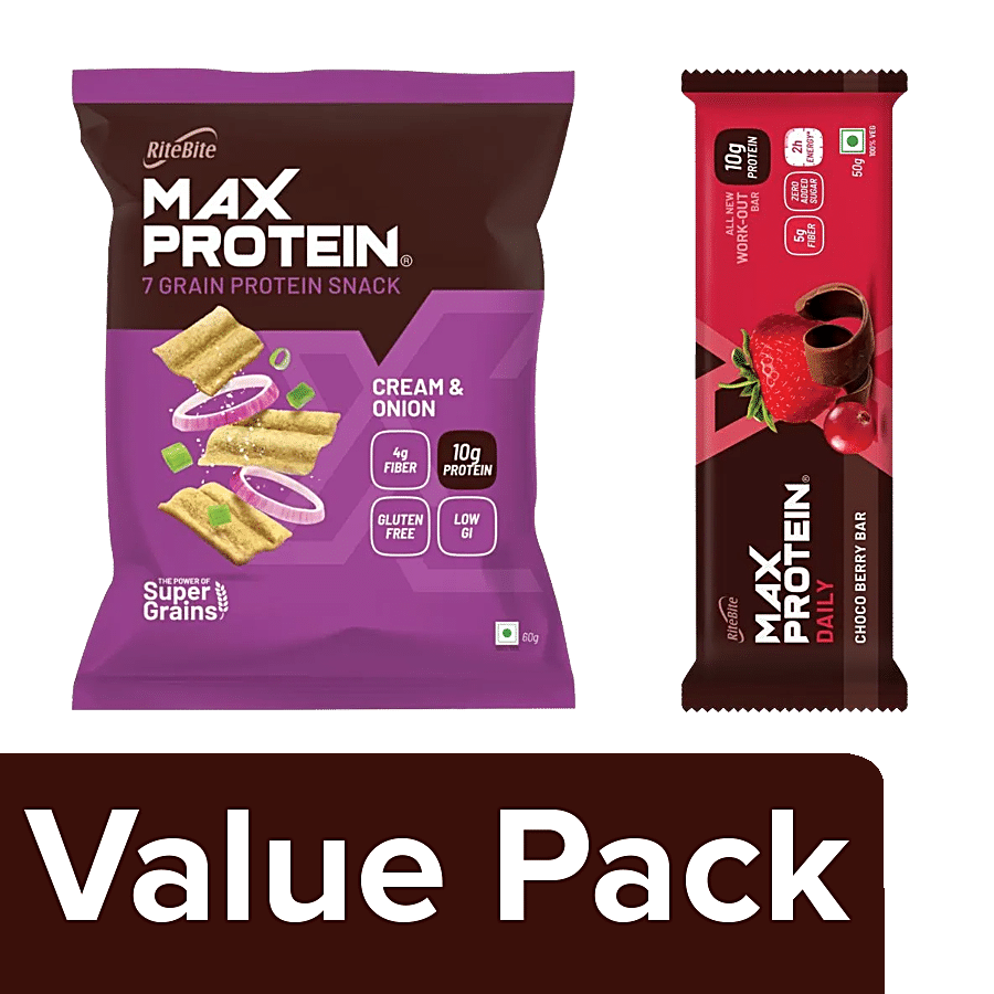 RiteBite Max Protein Daily Choco Berry Bar + Cream & Onion Chips - 7 Grains Healthy Snacks