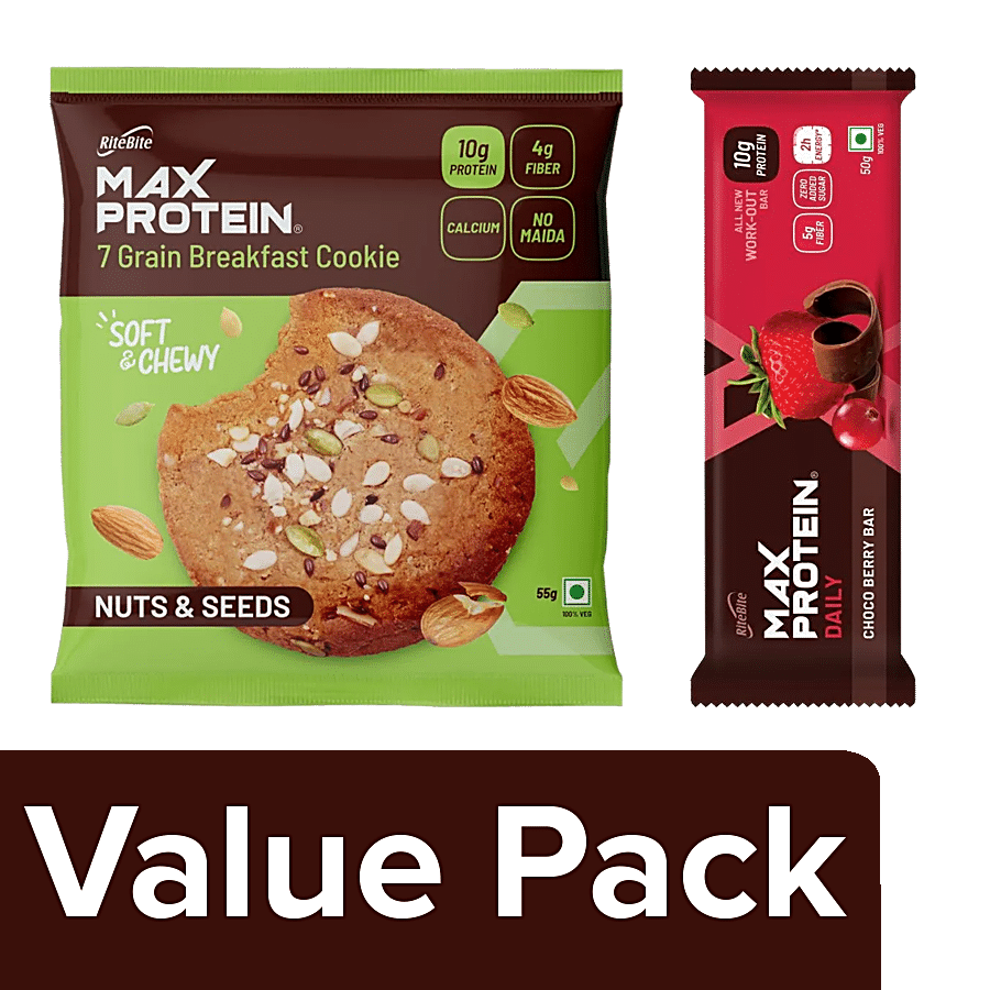 RiteBite Max Protein Daily Choco Berry Bar + Nuts & Seeds 7 Grain Breakfast Cookie