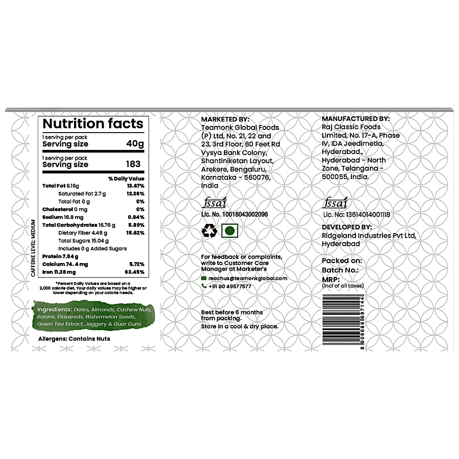 Teamonk Green Tea Nutrition Bar - High Protein & Energy