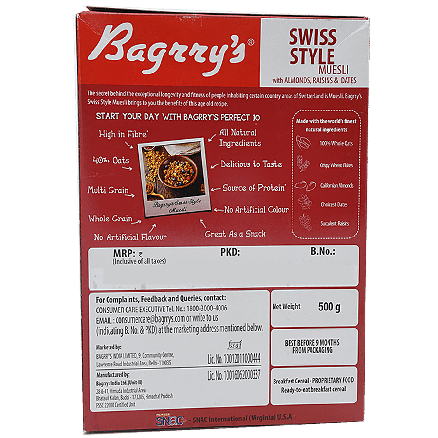 Bagrrys Bagrry`S Crunchy Muesli Swiss Style - With Almonds  Raisi 500 g Carton