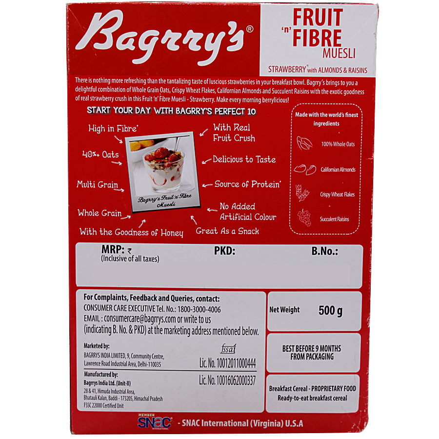 Bagrrys Bagrry`S Fruit N Fibre Strawberry Muesli - Goodness Of Real Str 500 g