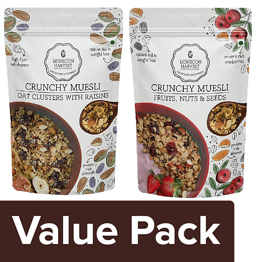 Monsoon Harvest Crunchy Muesli - Oat Clusters With Raisins 200 g + Fruit