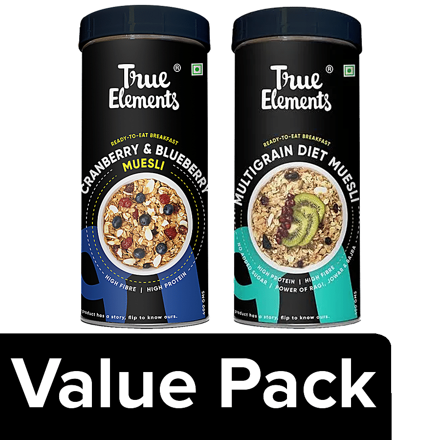 True Elements Cranberry Blueberry Muesli - Fibre Rich + Multigrain Diet Muesli (each 400 g)