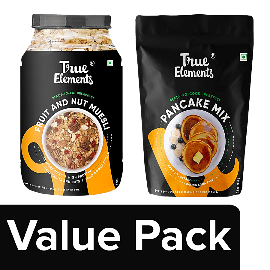 True Elements Muesli Fruit & Nuts - Whole Grain Cereal 1 Kg + Ready To Cook - Pancake Mix250 g