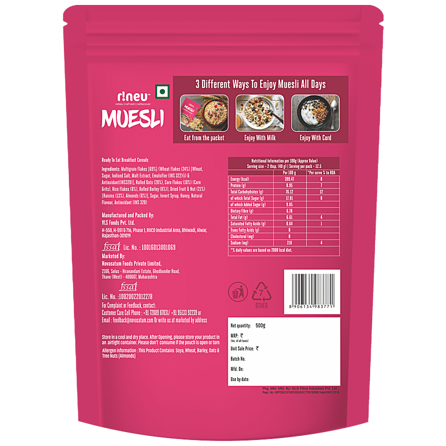 r!neu Muesli Almonds & Raisins Breakfast Cereals - Fibre Rich