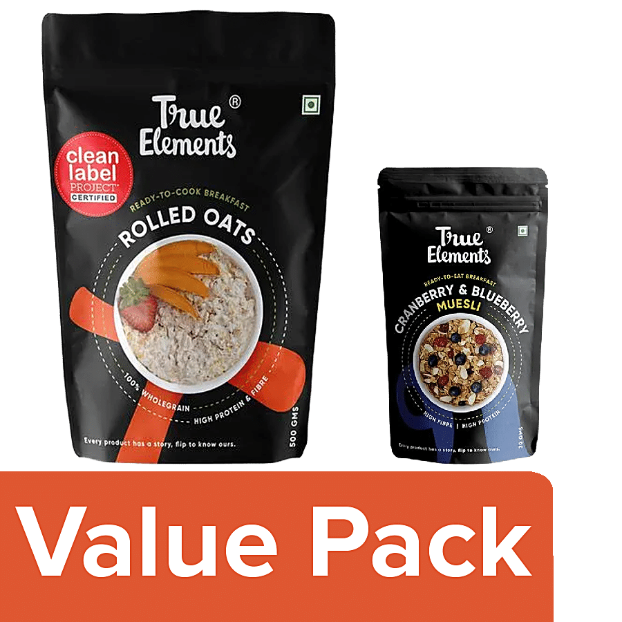 True Elements Rolled Oats - High Protein & Fibre 500 g + Cranberry & Blueberry Muesli 30 g