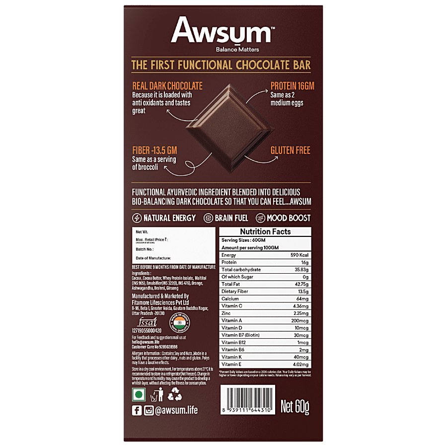 AWSUM Zesty Orange Chocolate Bar - Zero Added Sugar