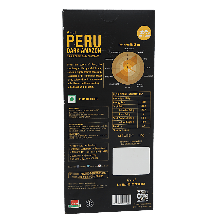 Amul Peru Dark Amazon Single Origin Dark Chocolate - 55% Rich in Cocoa