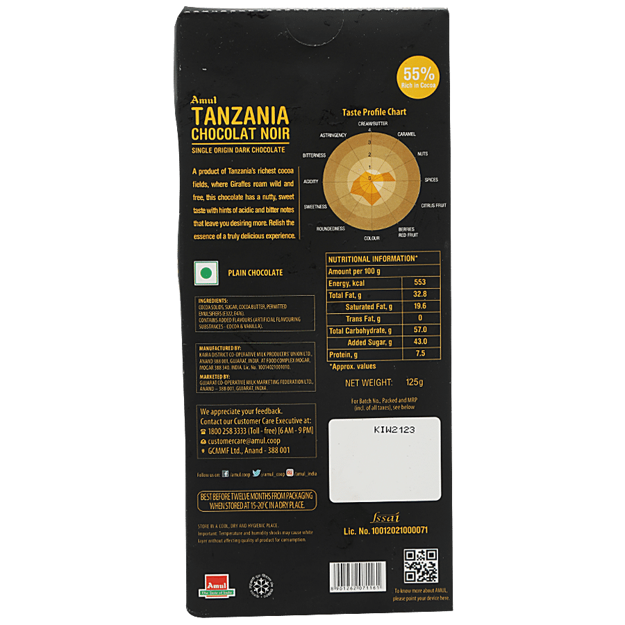 Amul Tanzania Chocolate Noir Single Origin Dark Chocolate - 55% Rich in Cocoa