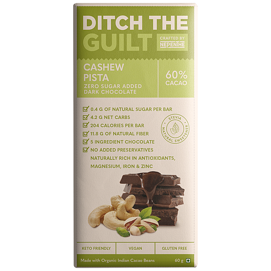 Ditch The Guilt 60% Cacao Cashew Pista Sugar Free Dark Chocolate - Vegan