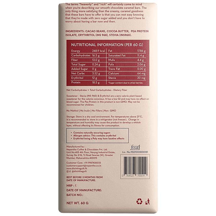 Ditch The Guilt 60% Cacao Crunchy Caramel Sugar Free Dark Chocolate - Vegan