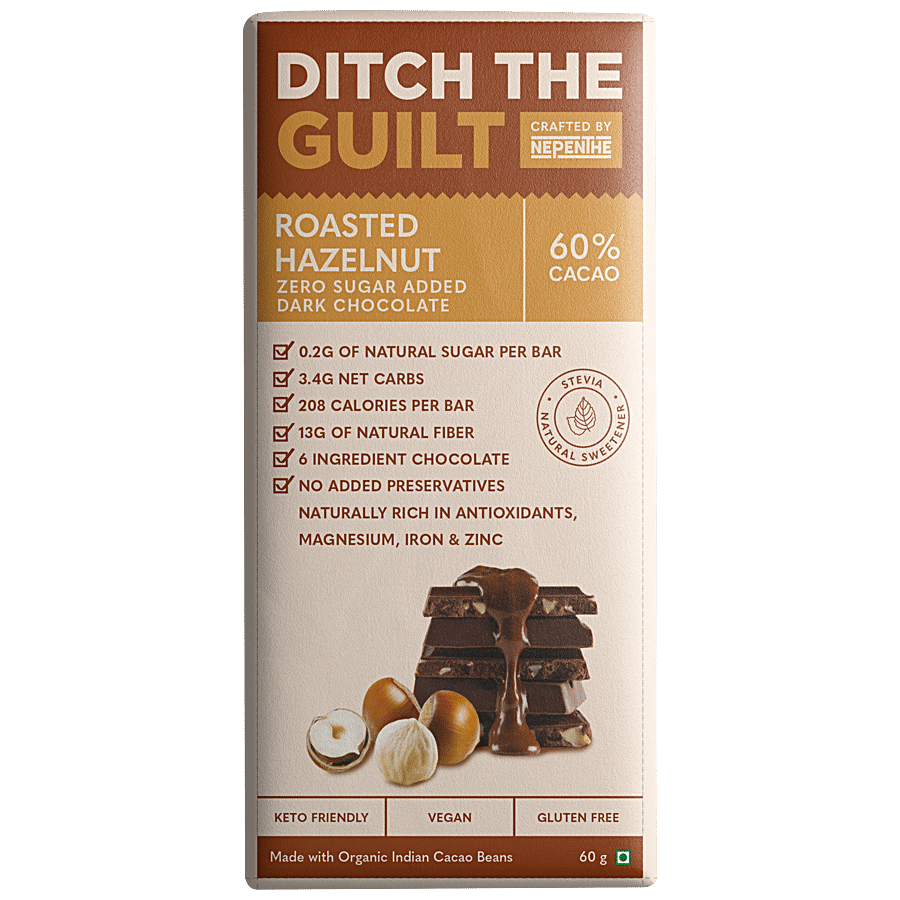 Ditch The Guilt 60% Cacao Roasted Hazelnut Sugar Free Dark Chocolate - Vegan