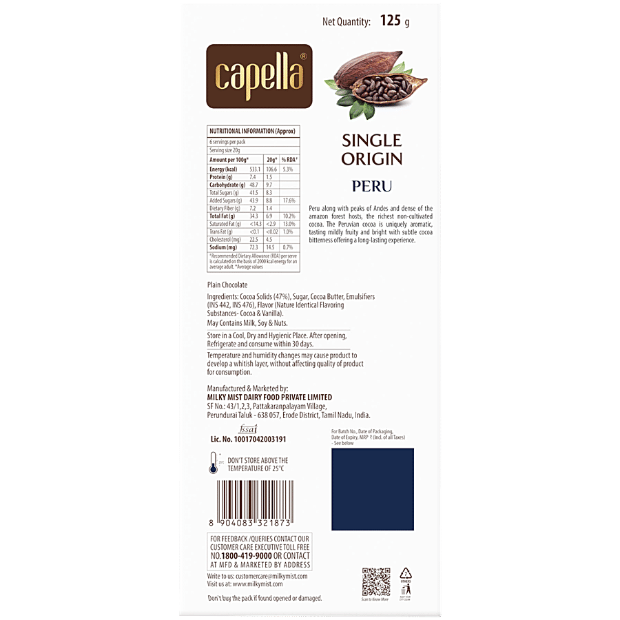 Milky Mist Capella Peru Single Origin 55% Dark Chocolate