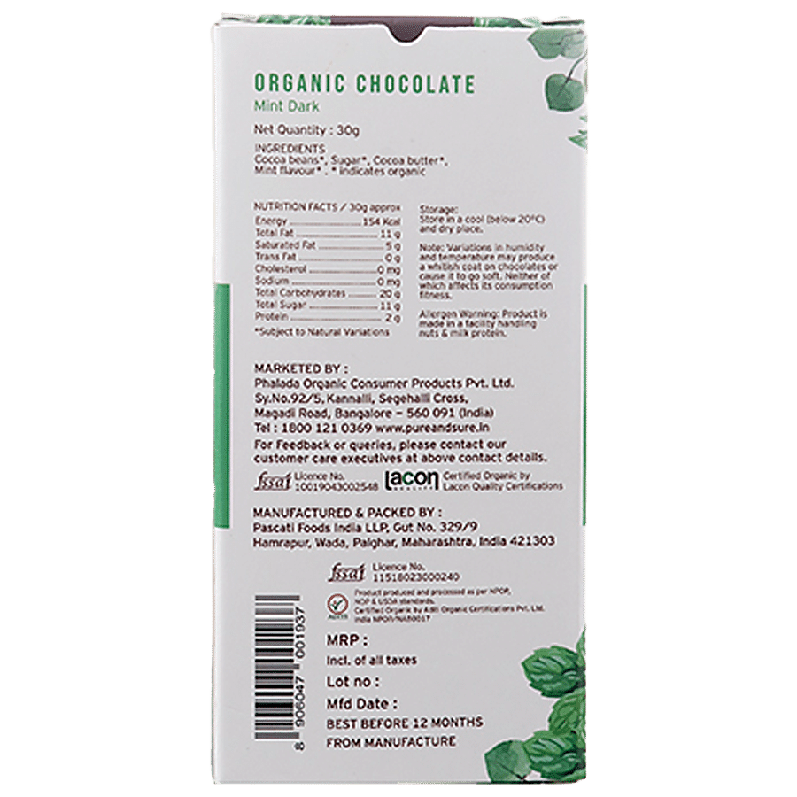 Phalada Pure & Sure Organic Chocolate Bar - Mint Dark