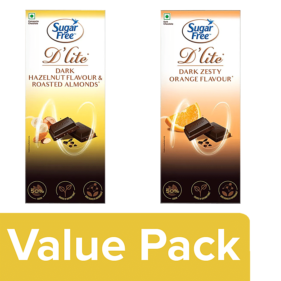 Sugar Free D'lite Dark Chocolate Bar - Hazelnut & Almonds + Chocolate Bar Orange Flavour