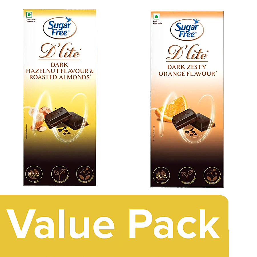 Sugar Free D'lite Dark Chocolate Bar - Hazelnut & Almonds + Chocolate Bar Orange Flavour