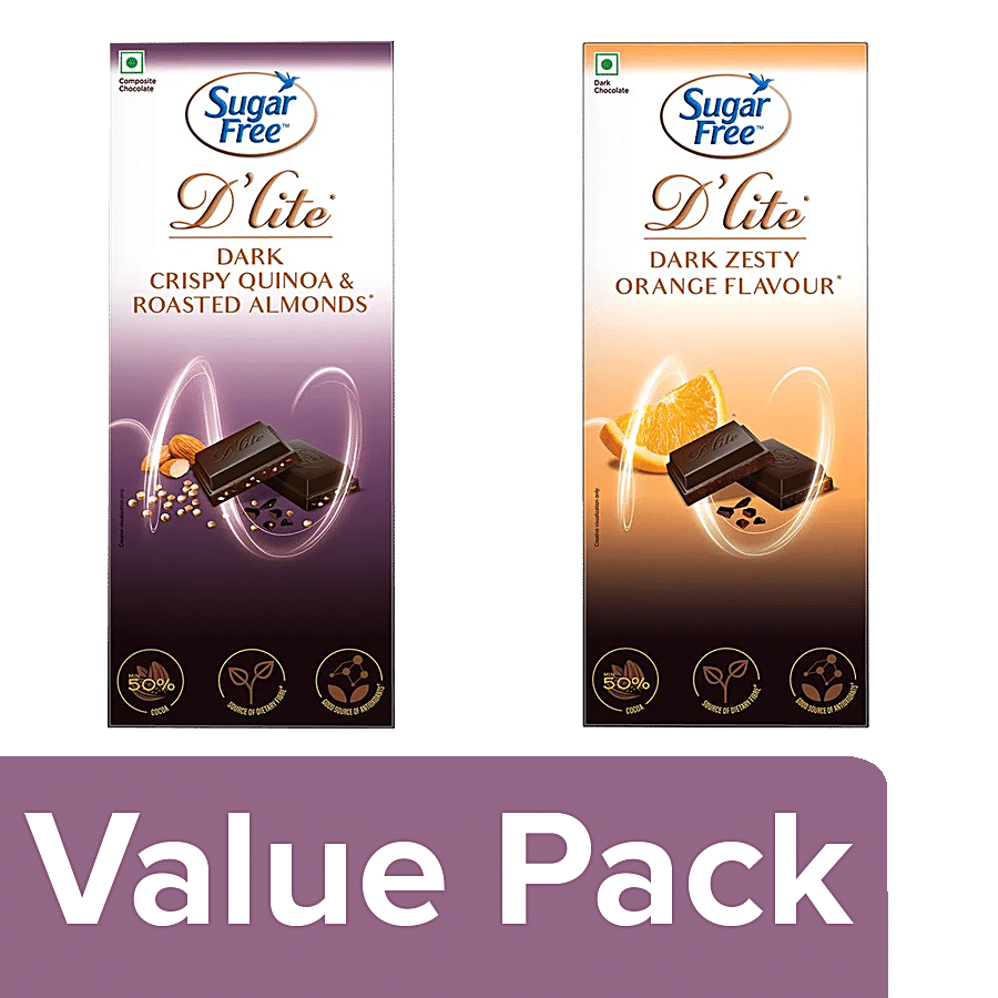 Sugar Free D'lite Dark Chocolate Bar Quinoa &  Almonds + Chocolate Bar Orange Flavour