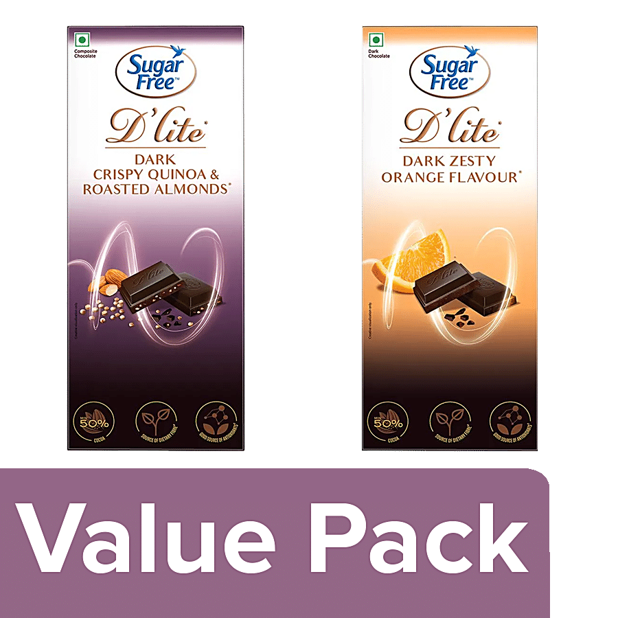 Sugar Free D'lite Dark Chocolate Bar Quinoa & Almonds + Chocolate Bar Orange Flavour