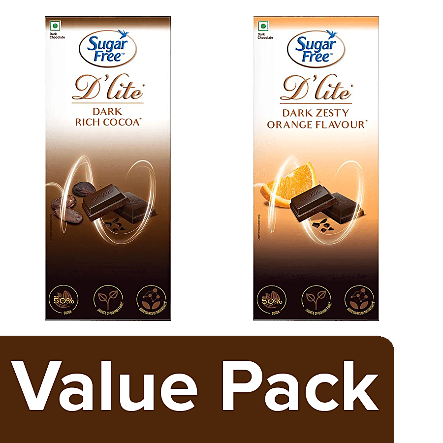 Sugar Free D'lite Dark Chocolate Bar - Rich Cocoa + Chocolate Bar - Zesty & Orange Flavour