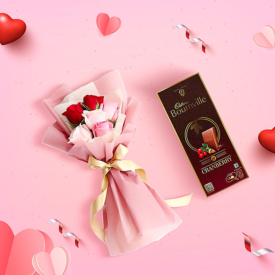 bb Combo Valentine's Day Multicolour Roses + Cranberry Dark Chocolate Bar