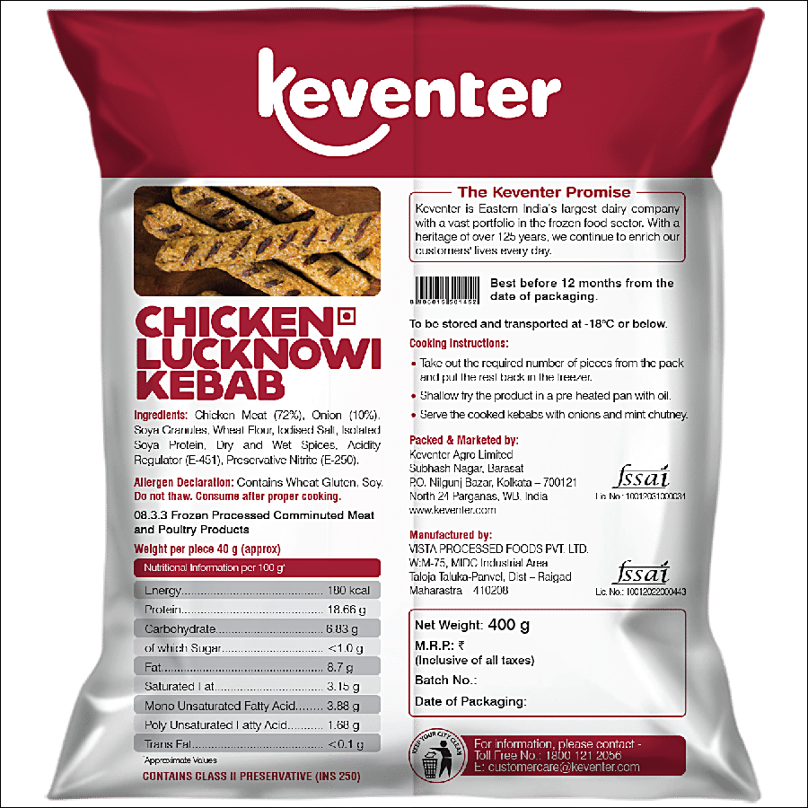 Keventer Ready To Cook Frozen Snack - Chicken Lucknowi Kebab