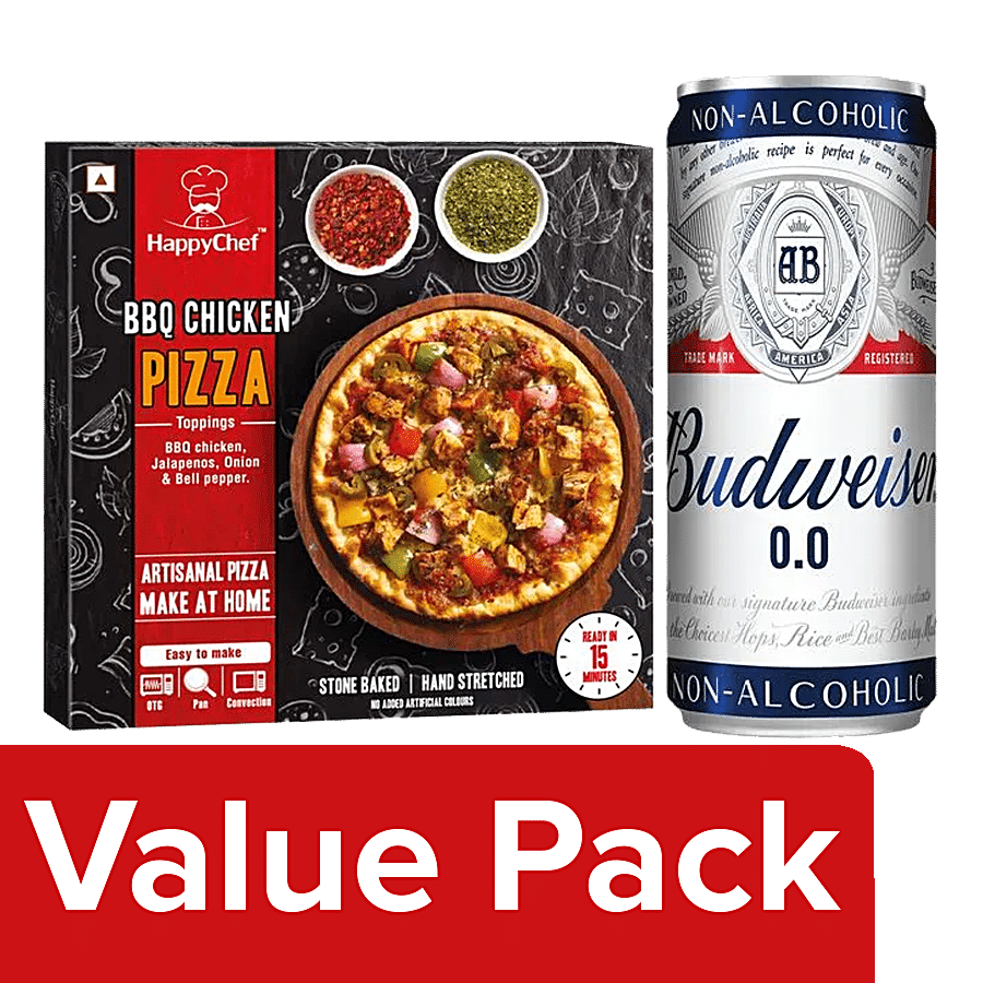 bb Combo Budweiser 00 Non-Alcoholic Beer 330ml + HappyChef BBQ Chicken Pizza-Large  450g