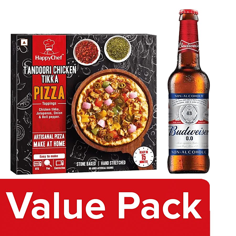 bb Combo Budweiser 00 Non-Alcoholic Beer 330ml + HappyChef Chicken Tikka Pizza-Large 450g