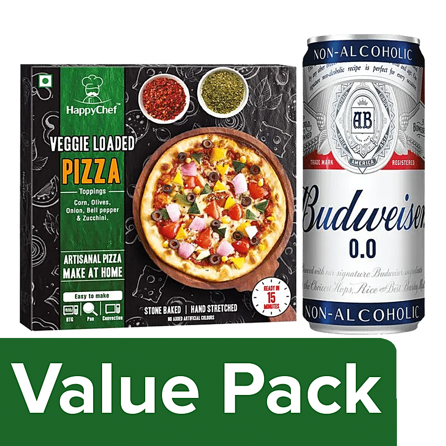 bb Combo Budweiser 00 Non-Alcoholic Beer 330ml + HappyChef Veg Loaded Pizza-Large 410g