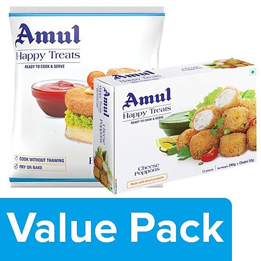 Amul Happy Treats Veg Burger Patty 360G + Ready to Cook & Serve Cheese Poppons 300G